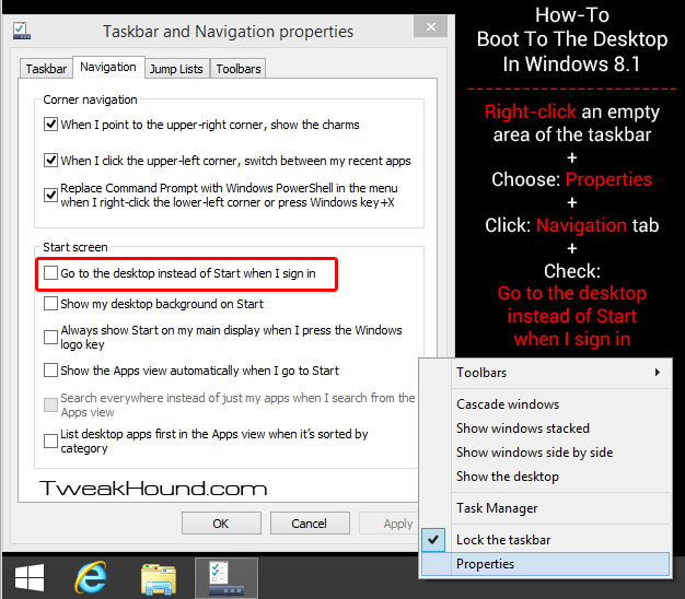 how to boot to desktop in windows 8.1