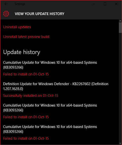 cumulative update failed to install windows 10