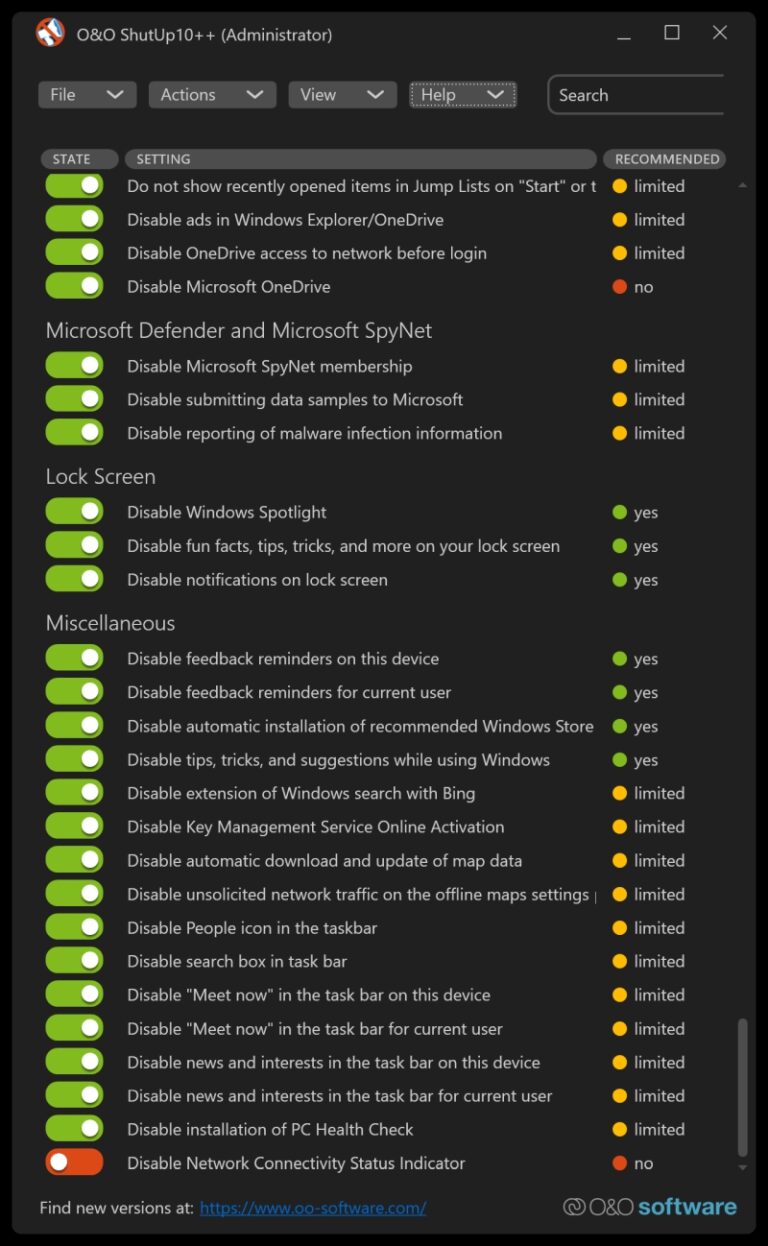 oo shutup10 settings oo shutup10 settings